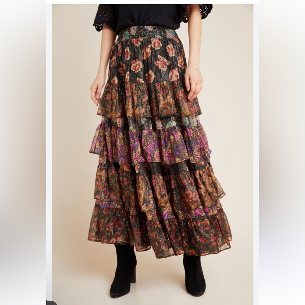 Anthropologie Des Moiselles Tiered Floral Maxi Skirt - Black Multi